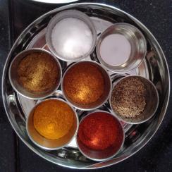 These are Varsha's main spices she uses. I really like the box she keeps them in.